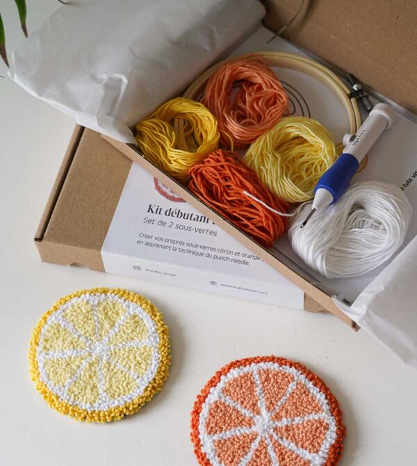 punchneedle kit sous-verres orange et citron